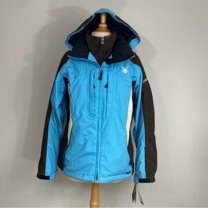 NWT New Spyder Womens Blue Brown Deluge Zip Hood Fleece Waterproof Jacket Size L